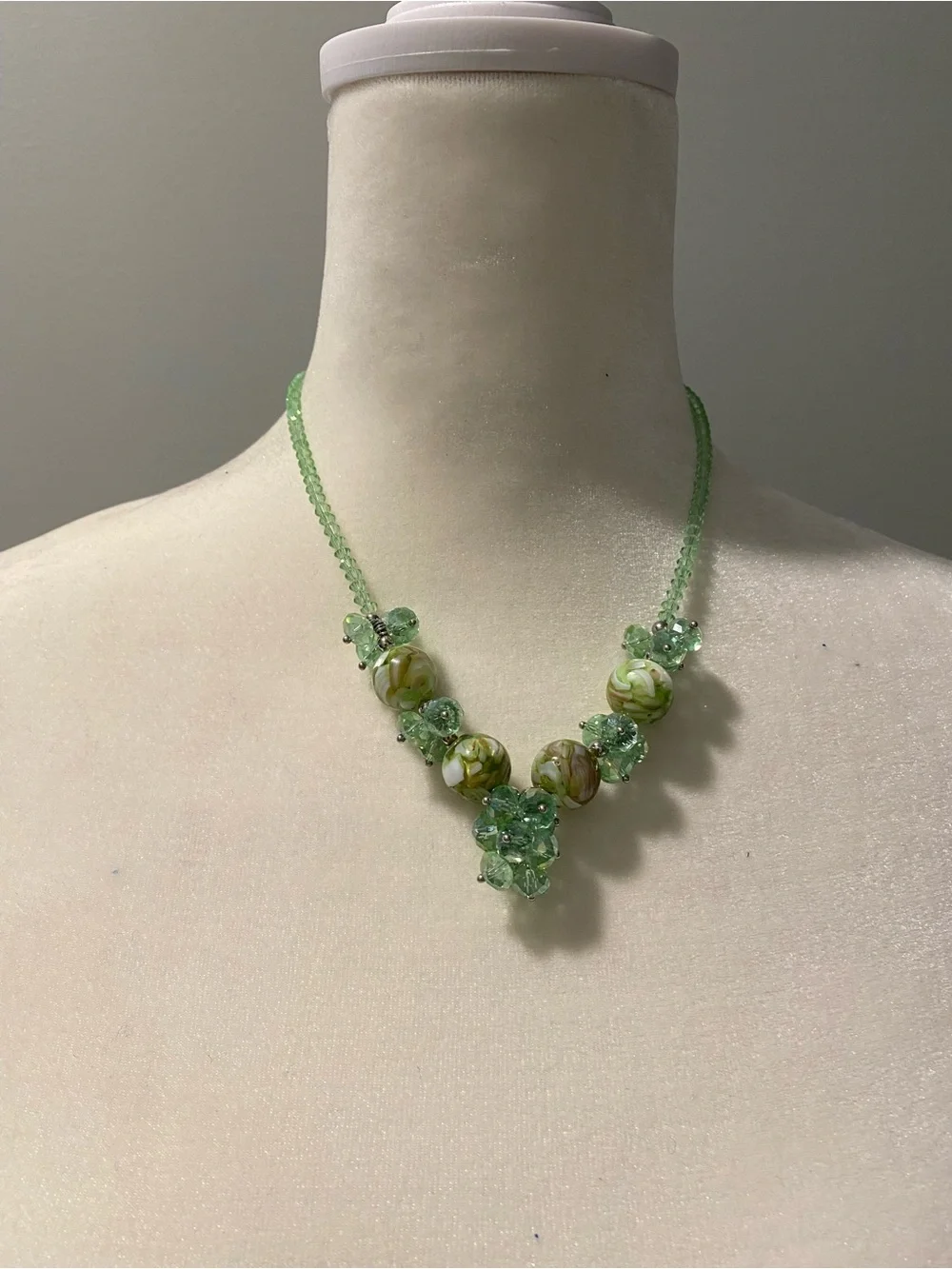 Vintage Green Beaded Necklace & Earrings Set Floral Cluster Statement